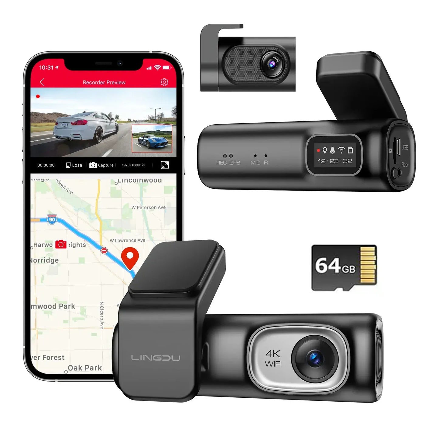 2 Channel 4K Dashcam with 1080P, 5G WiFi, GPS, Parking Monitor, Voice Control, Free 64GB TF Card
