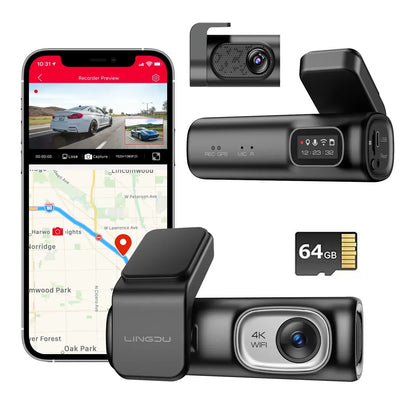 2 Channel 4K Dashcam with 1080P, 5G WiFi, GPS, Parking Monitor, Voice Control, Free 64GB TF Card