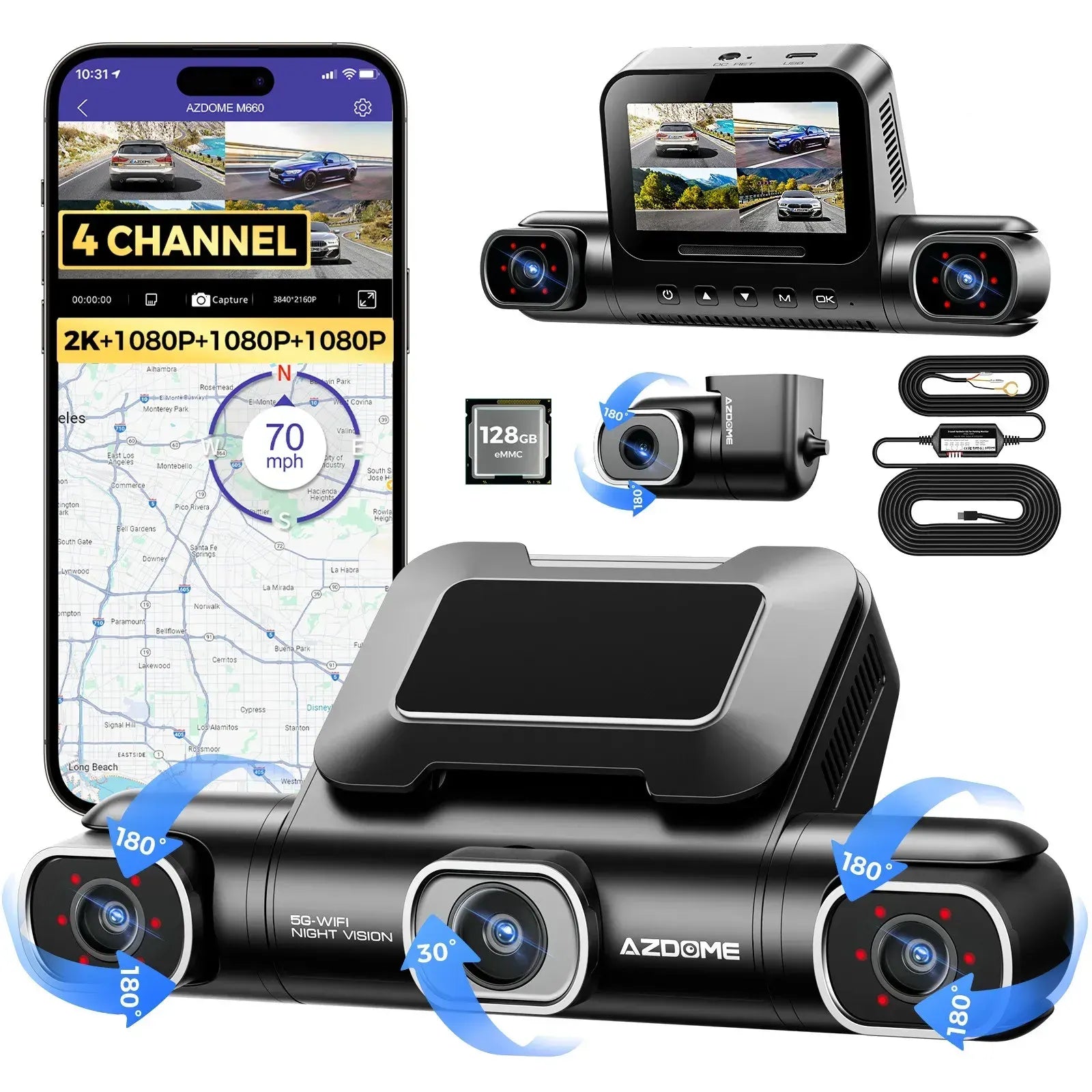 4 Channel 4K Dash Cam with 5G WiFi, GPS, 128GB eMMC, and Hardwire Kit