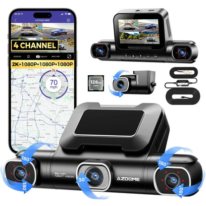 4 Channel 4K Dash Cam with 5G WiFi, GPS, 128GB eMMC, and Hardwire Kit