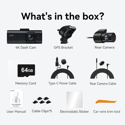 4K Dash Camera with Touch Screen, Black, Front and Rear, 64GB Card Included - Image 5
