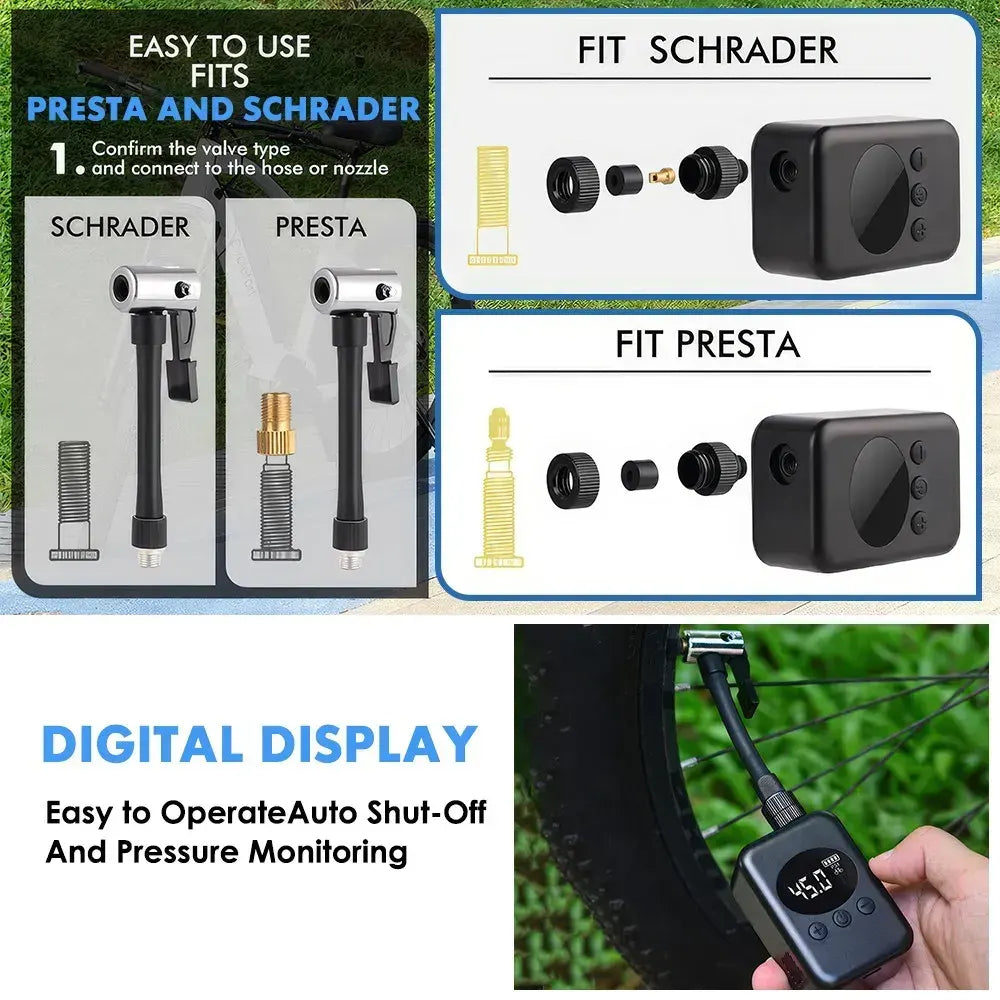 Mini Electric Bike Tyre Pump Black 150 PSI with Digital Gauge for Presta and Schrader Valves - Image 4