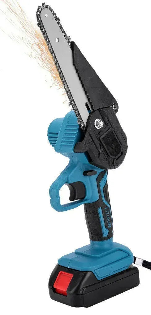 6" Cordless Electric Chainsaw in Blue - Portable Handheld Wood Cutter