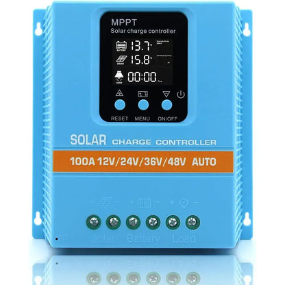 100A MPPT Solar Charge Controller with LCD Display and Dual USB Ports in Blue