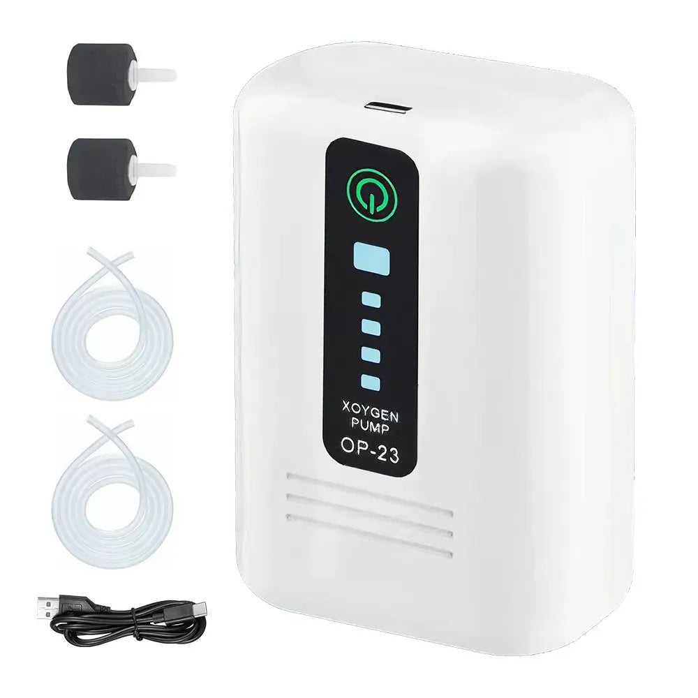 Aquarium Oxygen Pump Black USB Rechargeable Air Pump for Fish Tanks and Bait Buckets with 2 Outlets