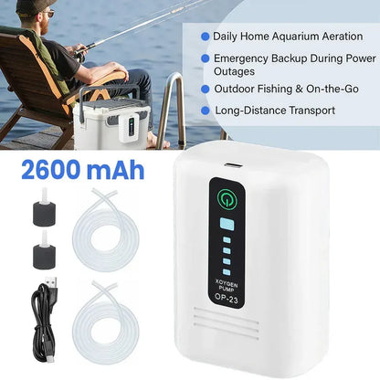 Aquarium Oxygen Pump Black USB Rechargeable Air Pump for Fish Tanks and Bait Buckets with 2 Outlets - Image 8