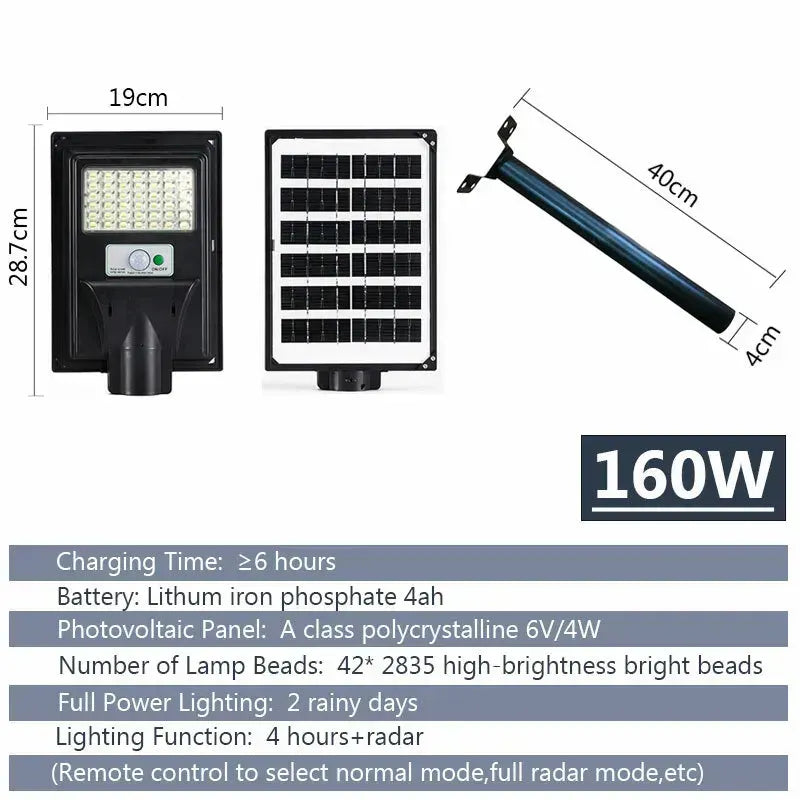 Solar LED Street Light with Radar Sensor, Black, 160W, Outdoor Flood Lamp - Image 4