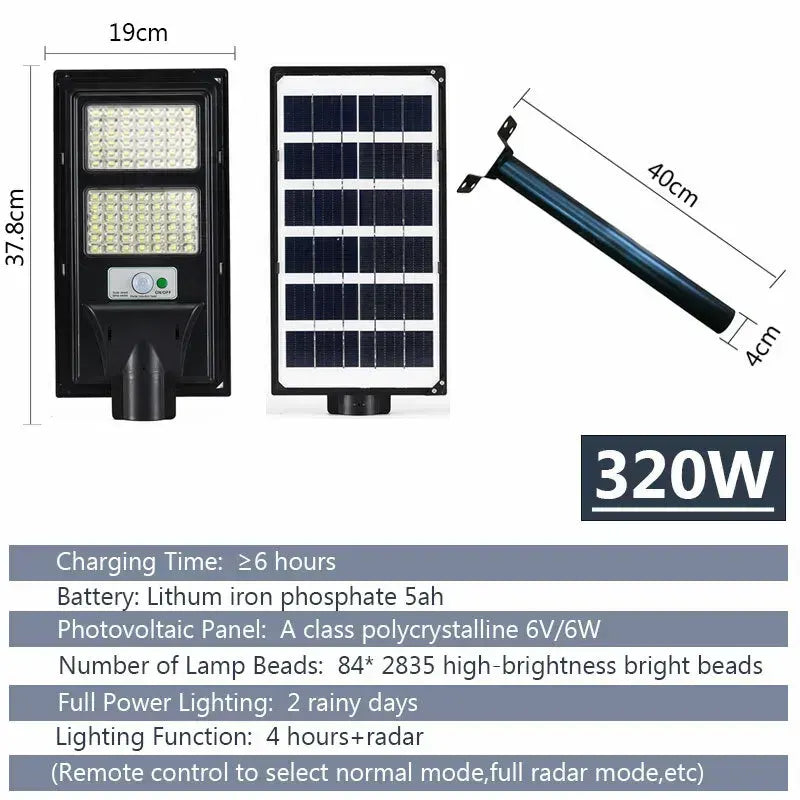 Solar Street LED Light with Radar Sensor, Black, 320W, Outdoor Flood Wall Lamp - Image 4