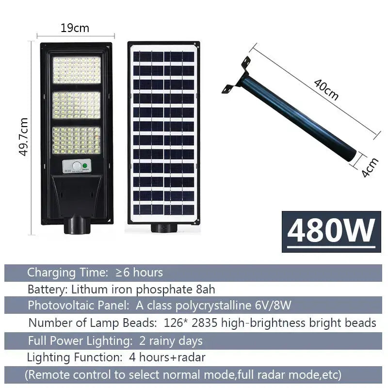 Solar Street LED Light with Radar Sensor, Black, 480W, Remote Control, Outdoor Flood Wall Lamp - Image 4