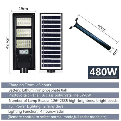 Solar Street LED Light with Radar Sensor, Black, 480W, Remote Control, Outdoor Flood Wall Lamp - Image 4