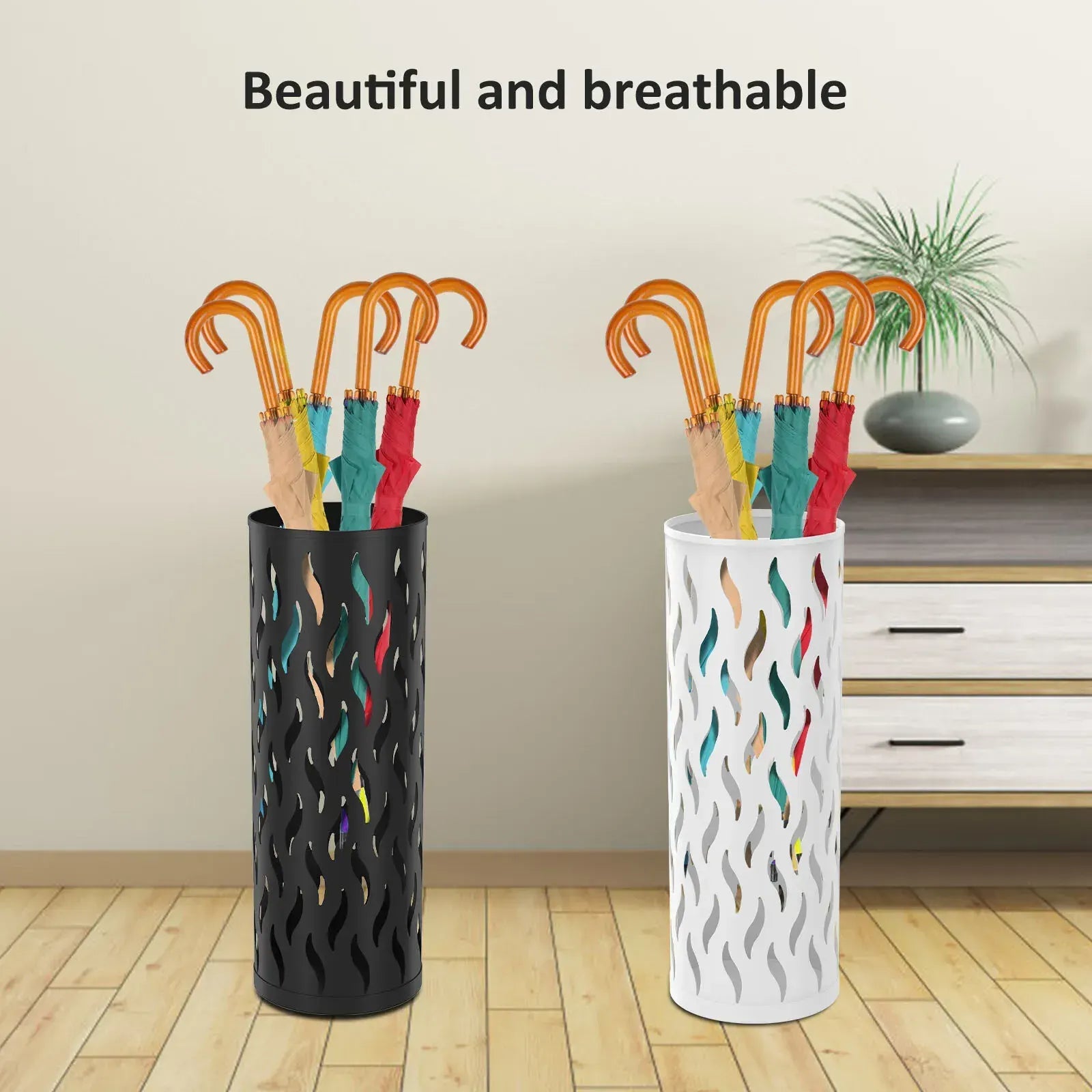 Metal Umbrella Stand in Black - Hollowed Design, 15x15x42cm, Holds 4-6 Long Umbrellas - Image 3