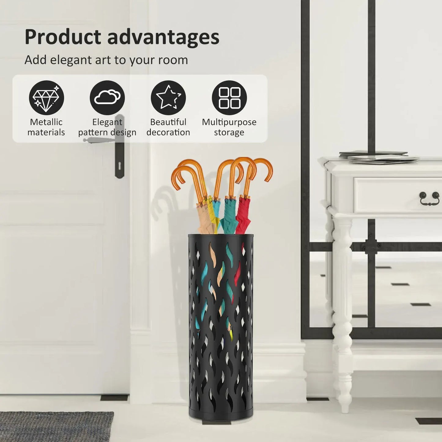 Metal Umbrella Stand in Black - Hollowed Design, 15x15x42cm, Holds 4-6 Long Umbrellas - Image 9