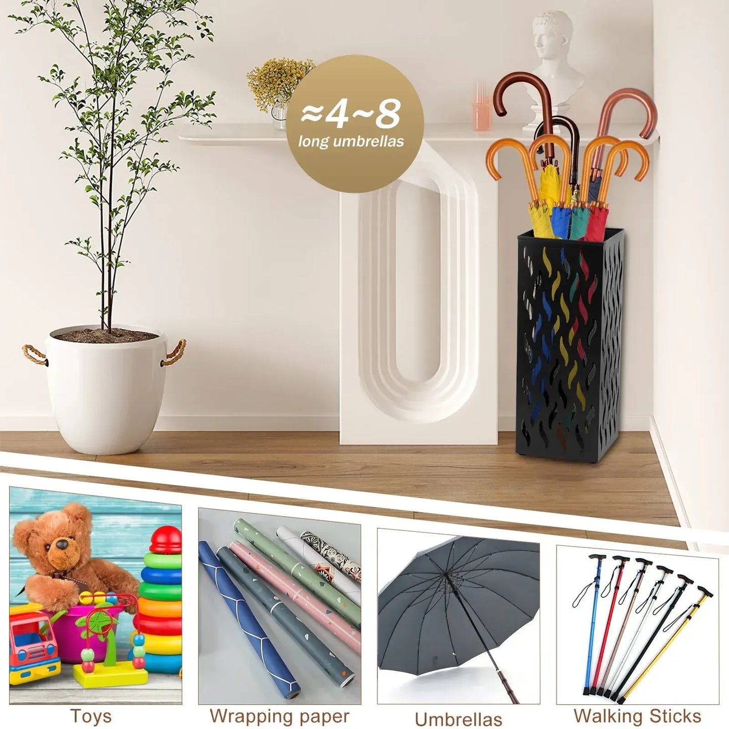 Rectangular Black Metal Umbrella Stand Holder - Space-Saving Design, 16.5x16.5x42cm - Image 3