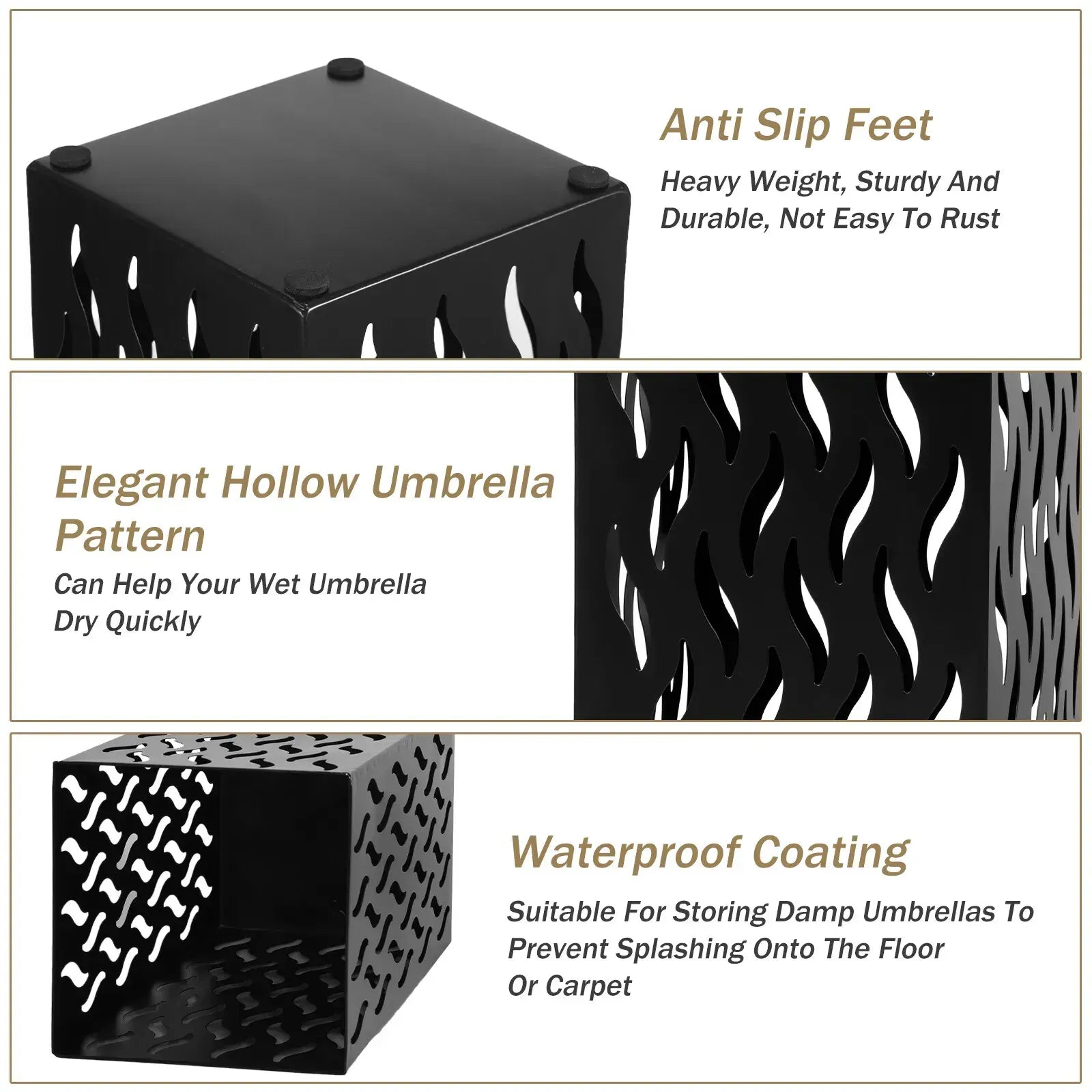 Rectangular Black Metal Umbrella Stand Holder - Space-Saving Design, 16.5x16.5x42cm - Image 4