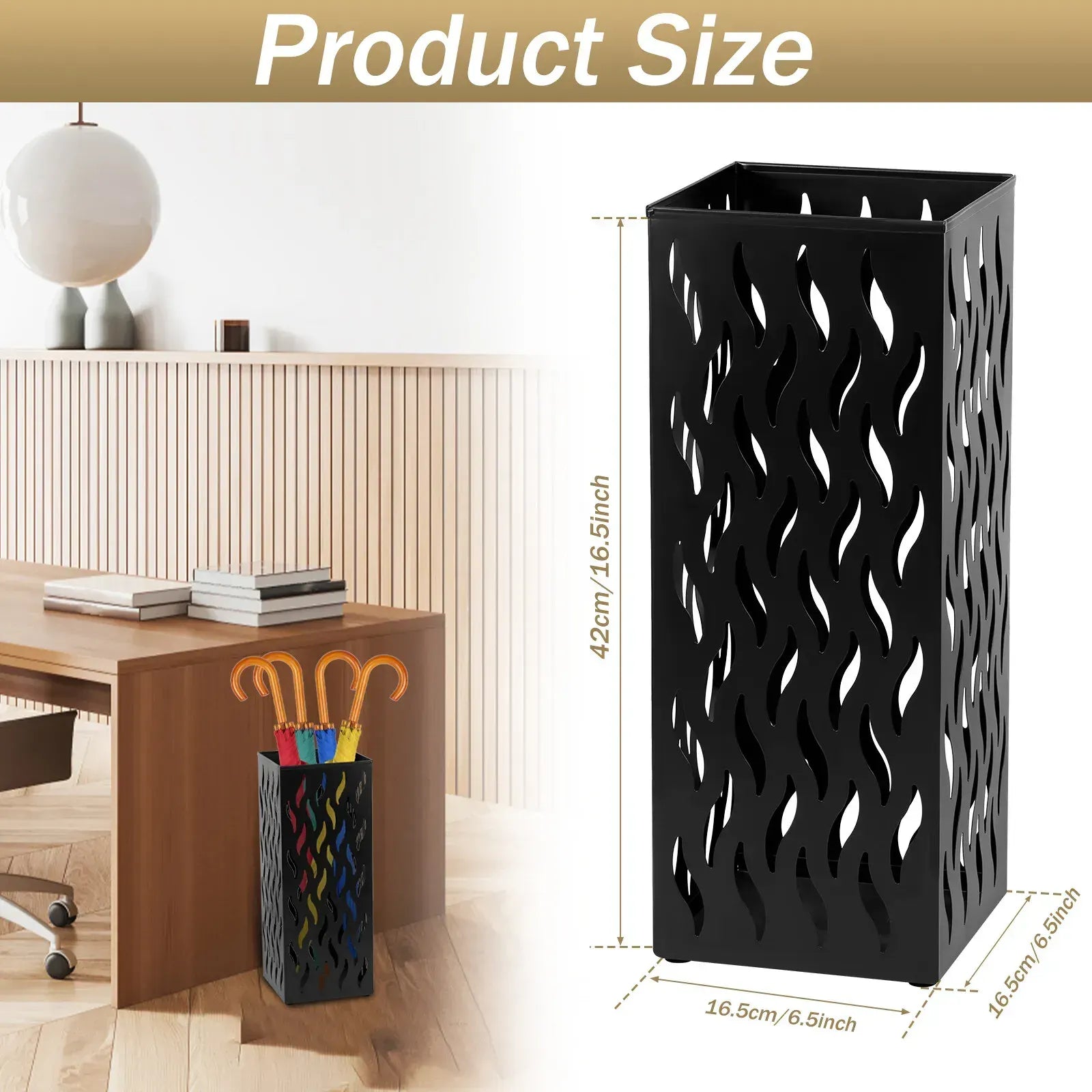 Rectangular Black Metal Umbrella Stand Holder - Space-Saving Design, 16.5x16.5x42cm - Image 8