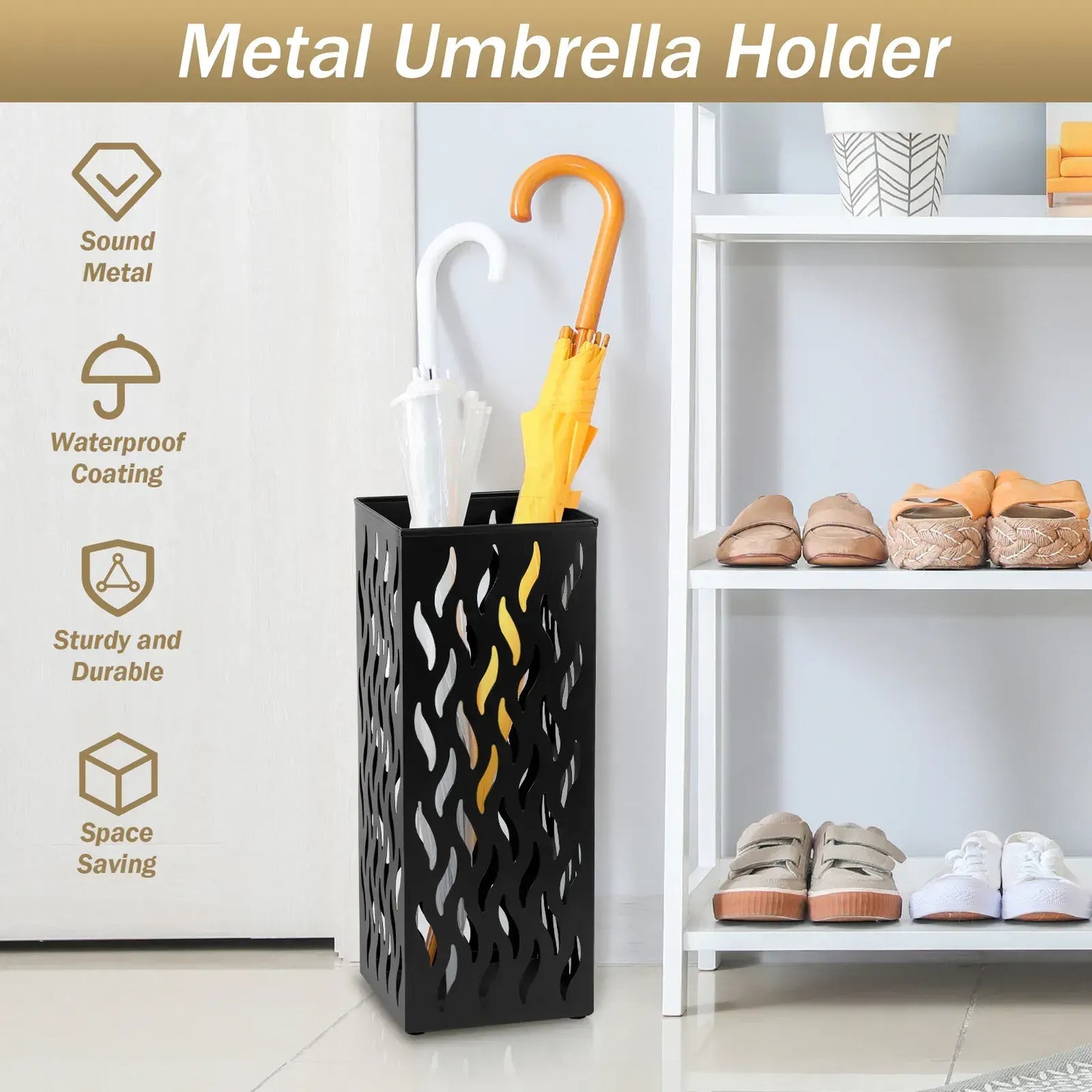 Rectangular Black Metal Umbrella Stand Holder - Space-Saving Design, 16.5x16.5x42cm - Image 9