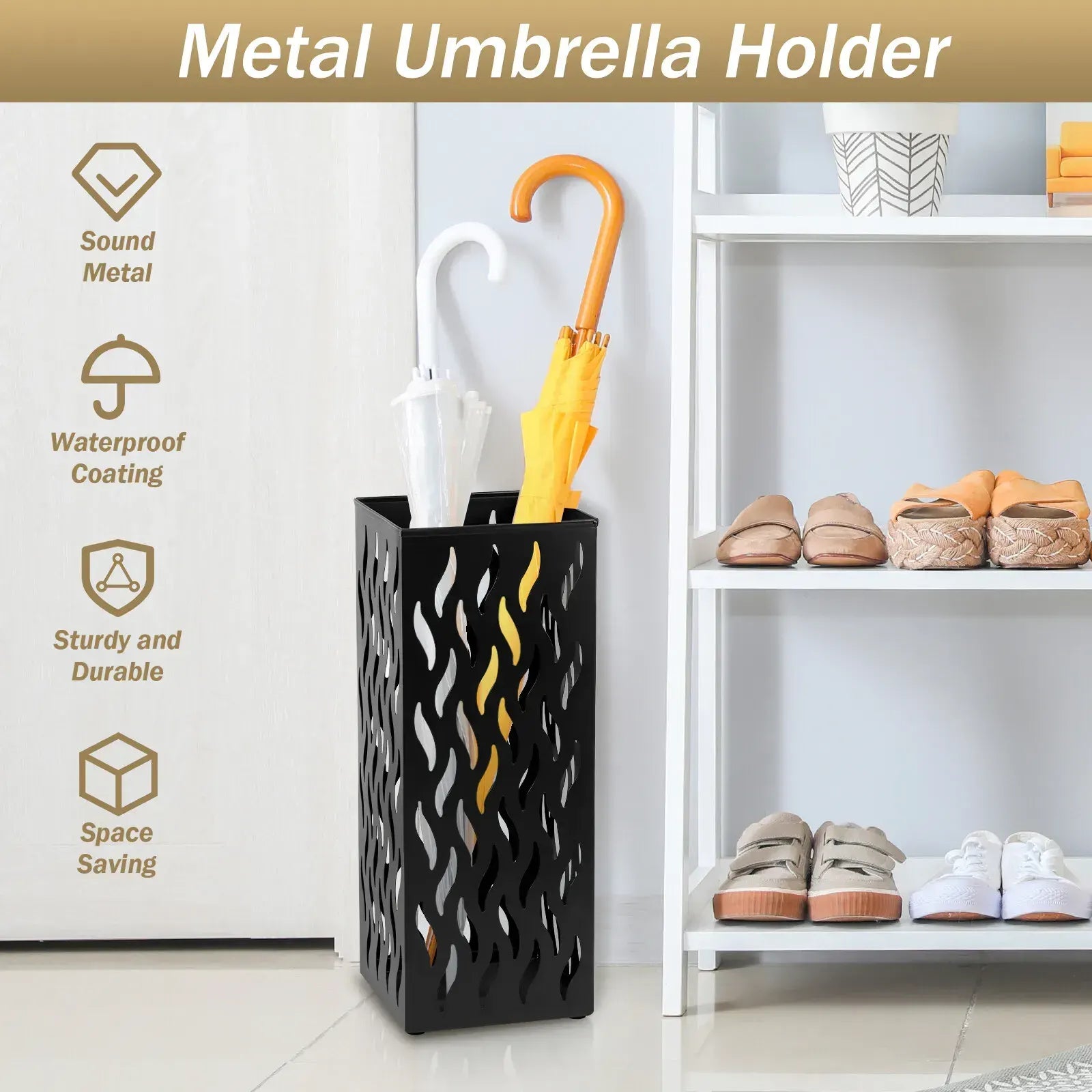 Rectangular Black Metal Umbrella Stand Holder - Space-Saving Design, 16.5x16.5x42cm - Image 9