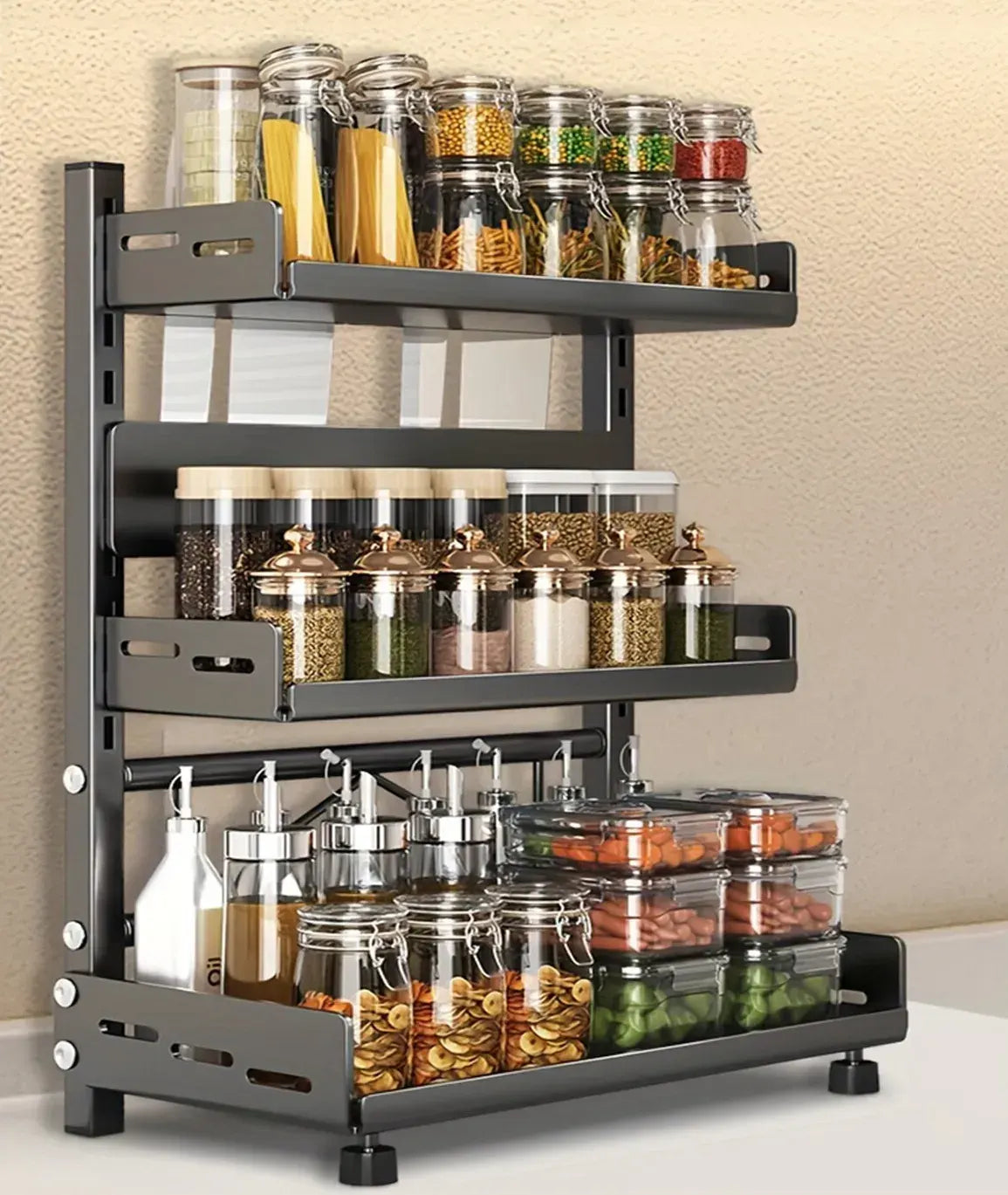 3-Tier Black Stainless Steel Spice Rack Kitchen Condiment Storage Shelf 40x16x54cm