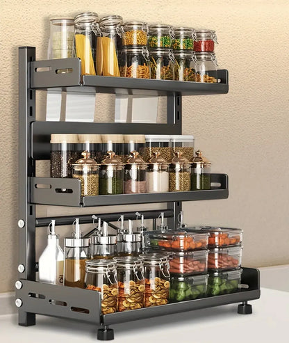 3-Tier Black Stainless Steel Spice Rack Kitchen Condiment Storage Shelf 40x16x54cm
