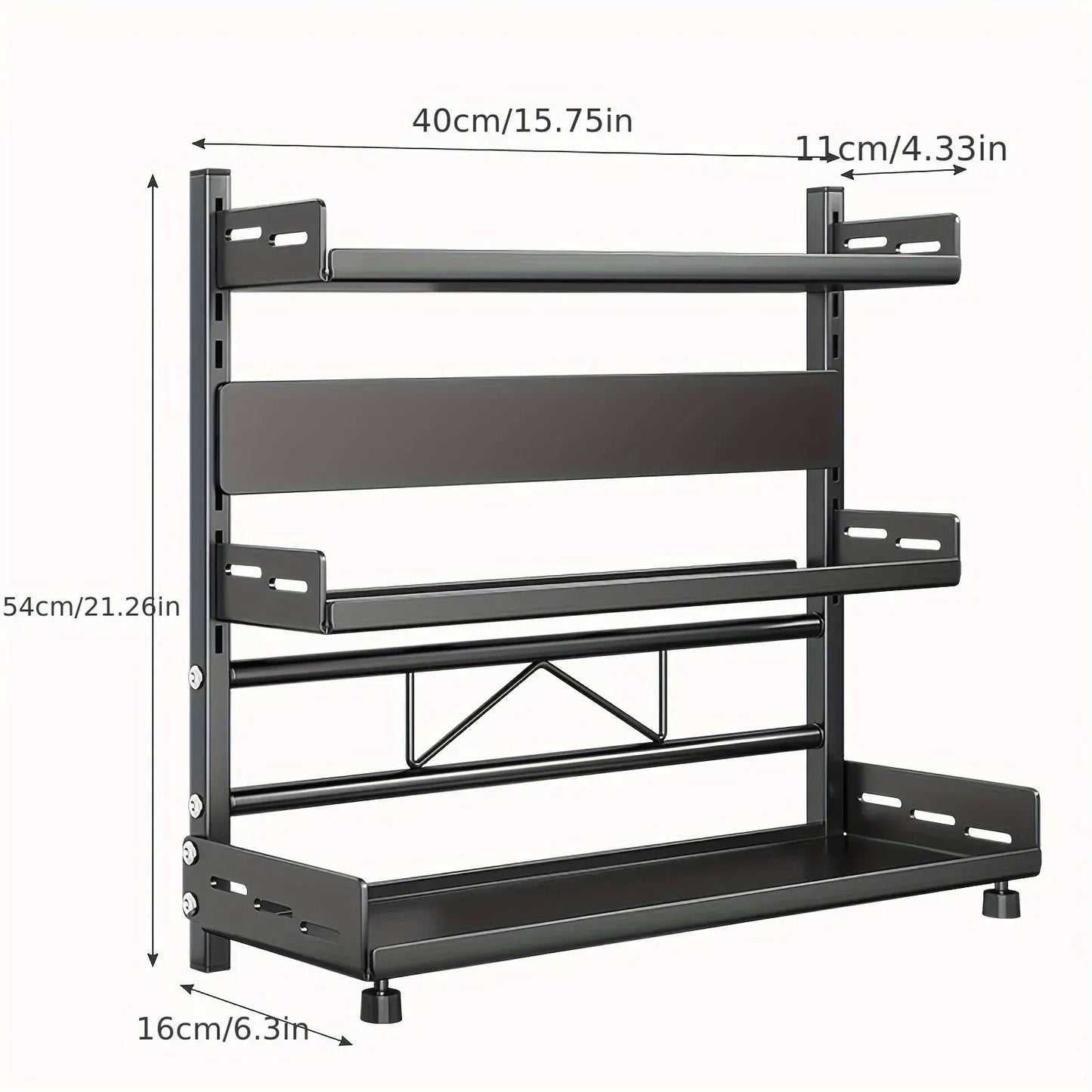 3-Tier Black Stainless Steel Spice Rack Kitchen Condiment Storage Shelf 40x16x54cm - Image 3