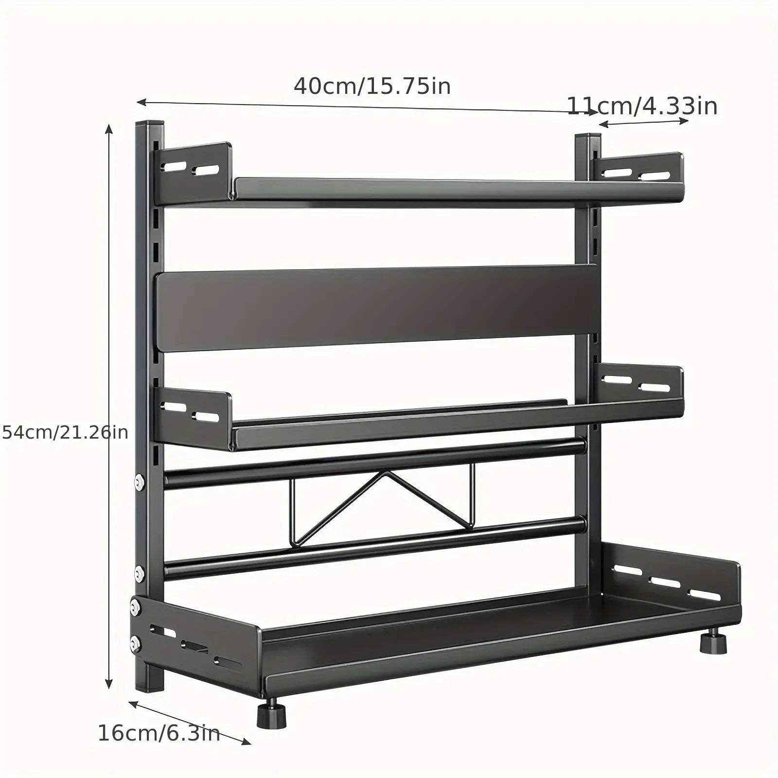 3-Tier Black Stainless Steel Spice Rack Kitchen Condiment Storage Shelf 40x16x54cm - Image 3