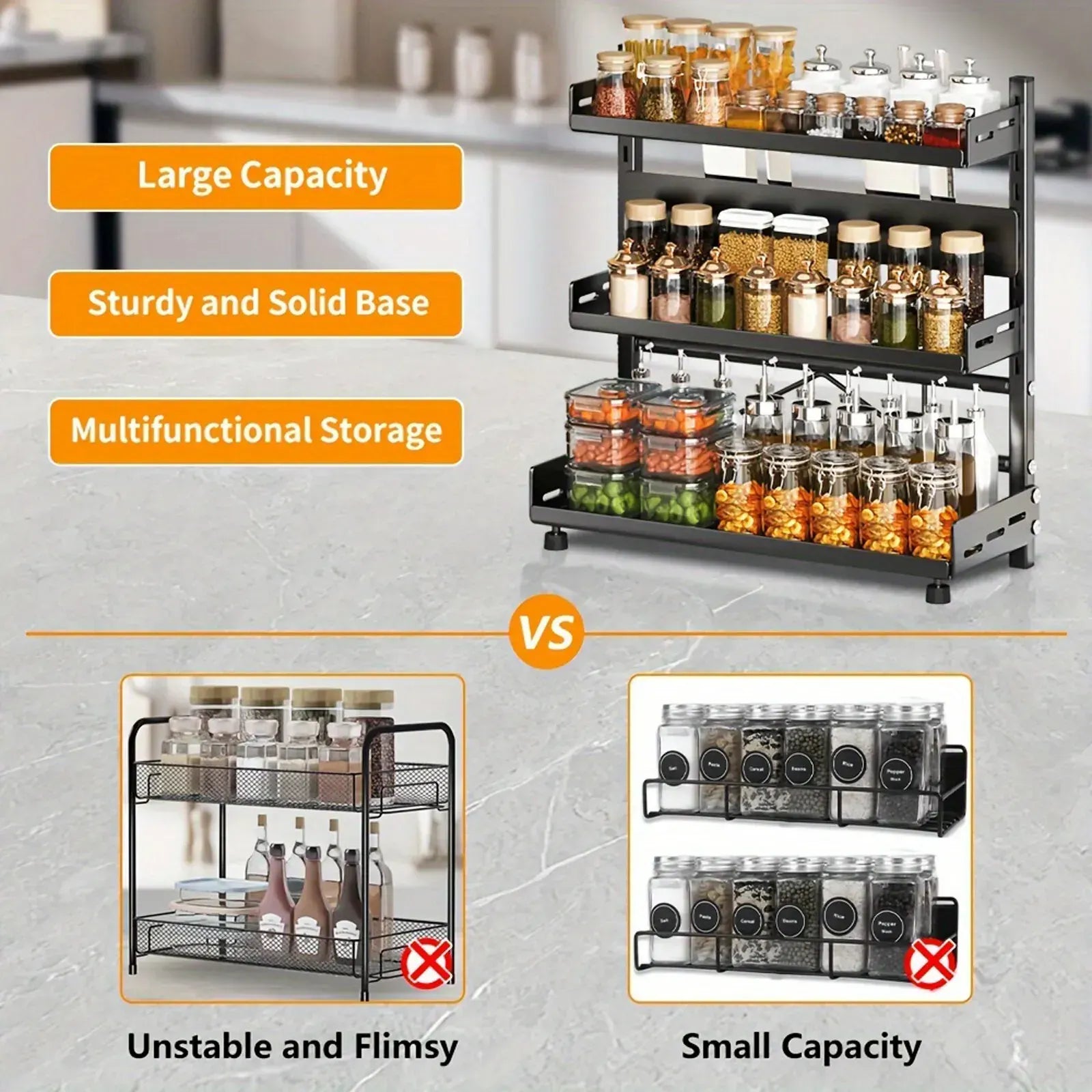 3-Tier Black Stainless Steel Spice Rack Kitchen Condiment Storage Shelf 40x16x54cm - Image 6