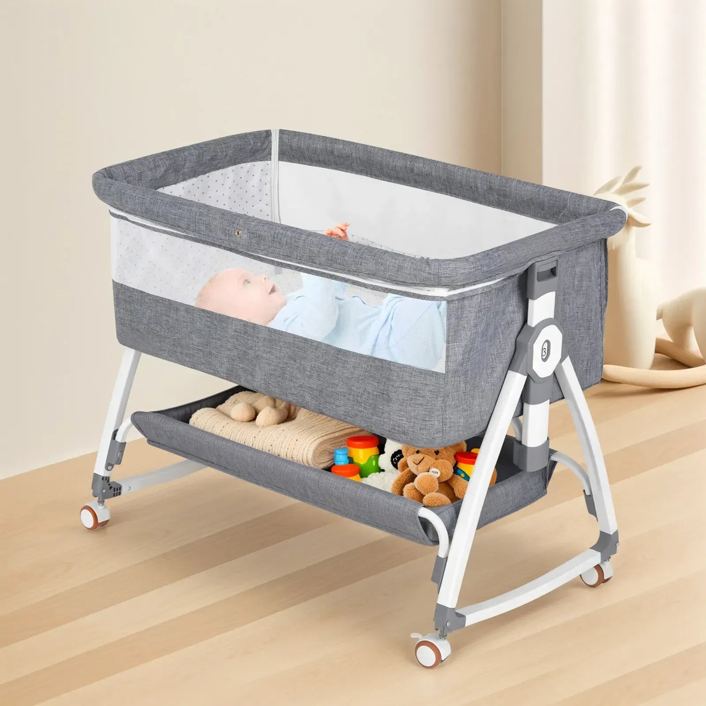3-in-1 Adjustable Height Baby Bassinet Crib with Mosquito Net and Storage Basket in Grey