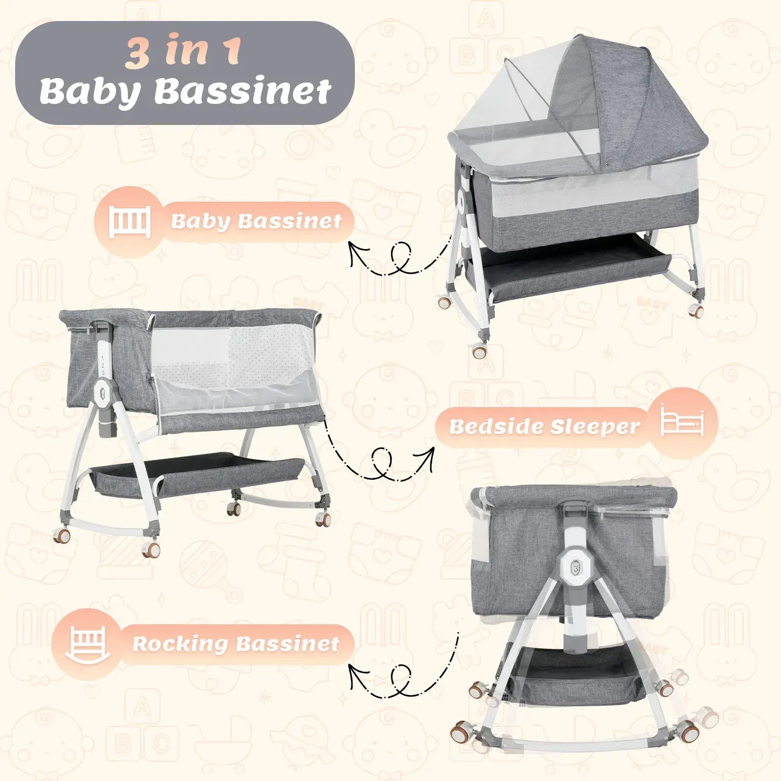 3-in-1 Adjustable Height Baby Bassinet Crib with Mosquito Net and Storage Basket in Grey - Image 2