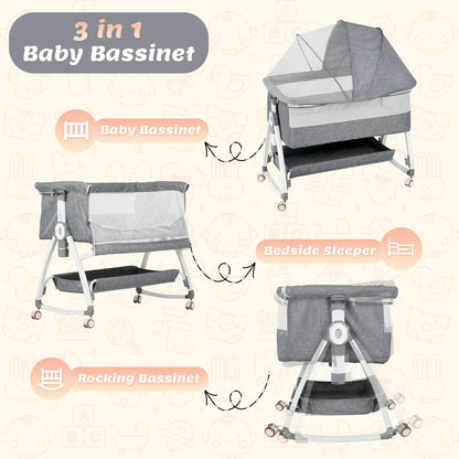 3-in-1 Adjustable Height Baby Bassinet Crib with Mosquito Net and Storage Basket in Grey - Image 2