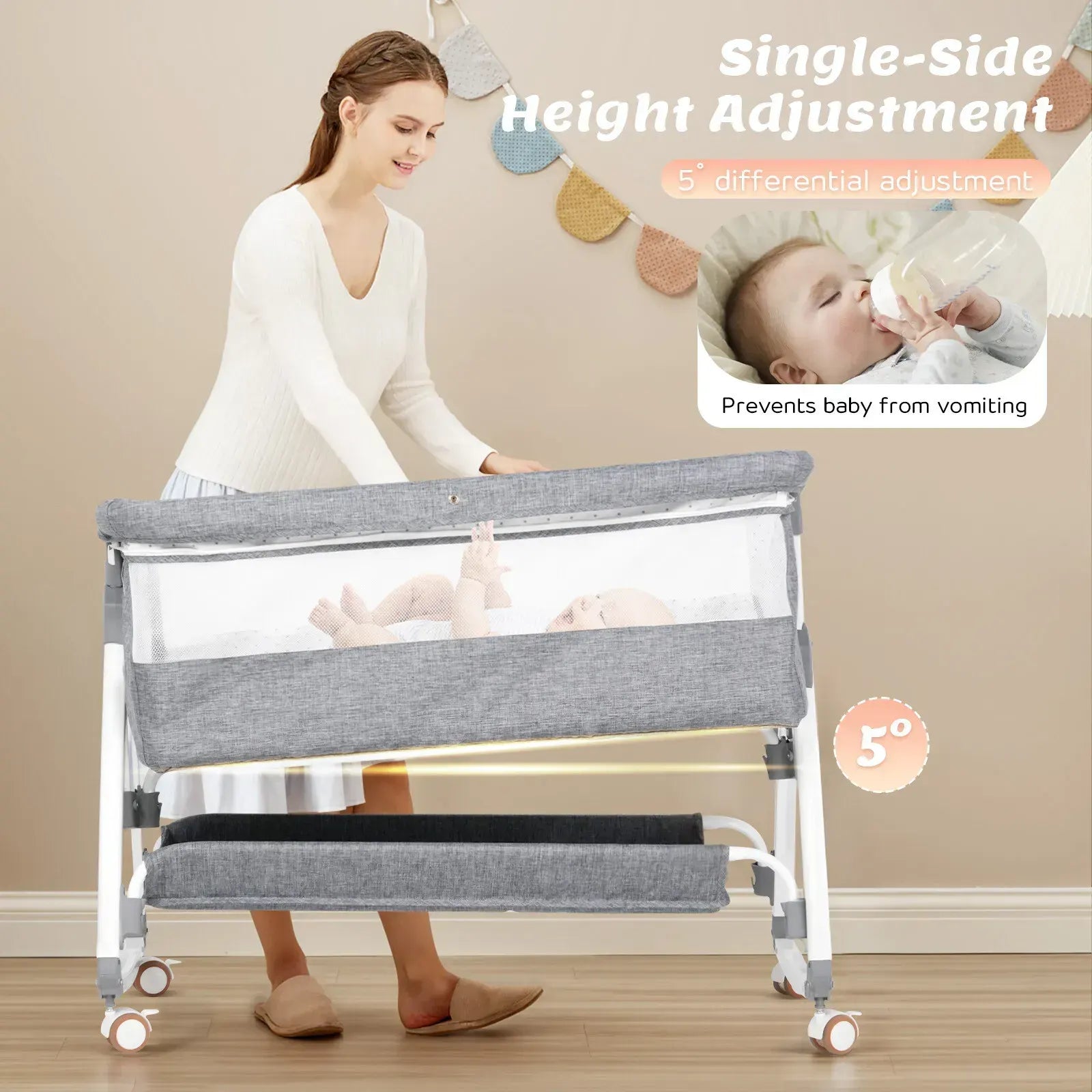 3-in-1 Adjustable Height Baby Bassinet Crib with Mosquito Net and Storage Basket in Grey - Image 3