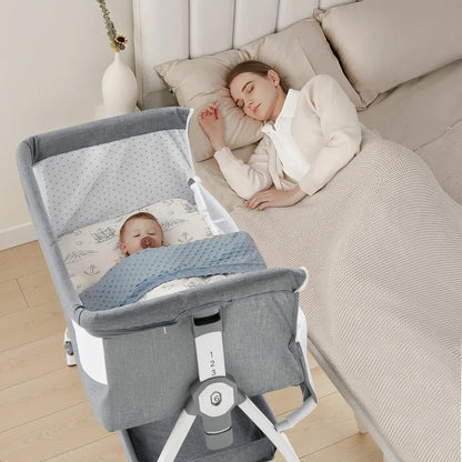 3-in-1 Adjustable Height Baby Bassinet Crib with Mosquito Net and Storage Basket in Grey - Image 4