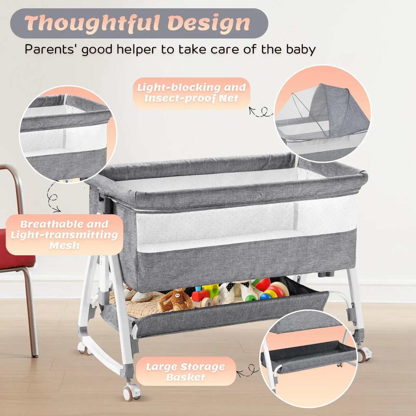 3-in-1 Adjustable Height Baby Bassinet Crib with Mosquito Net and Storage Basket in Grey - Image 5