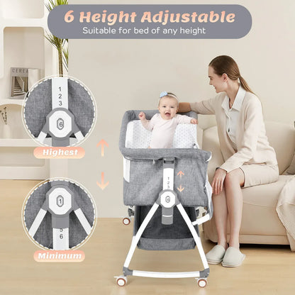 3-in-1 Adjustable Height Baby Bassinet Crib with Mosquito Net and Storage Basket in Grey - Image 6
