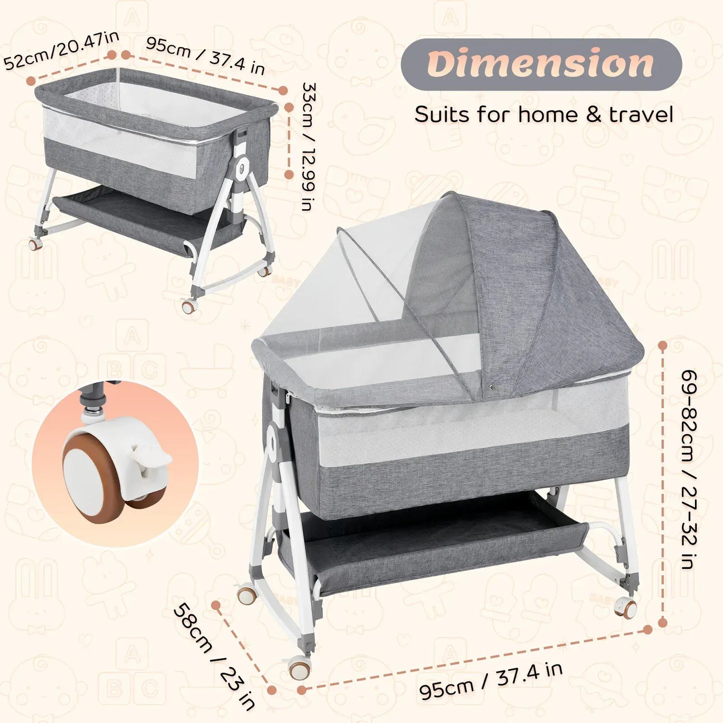 3-in-1 Adjustable Height Baby Bassinet Crib with Mosquito Net and Storage Basket in Grey - Image 7