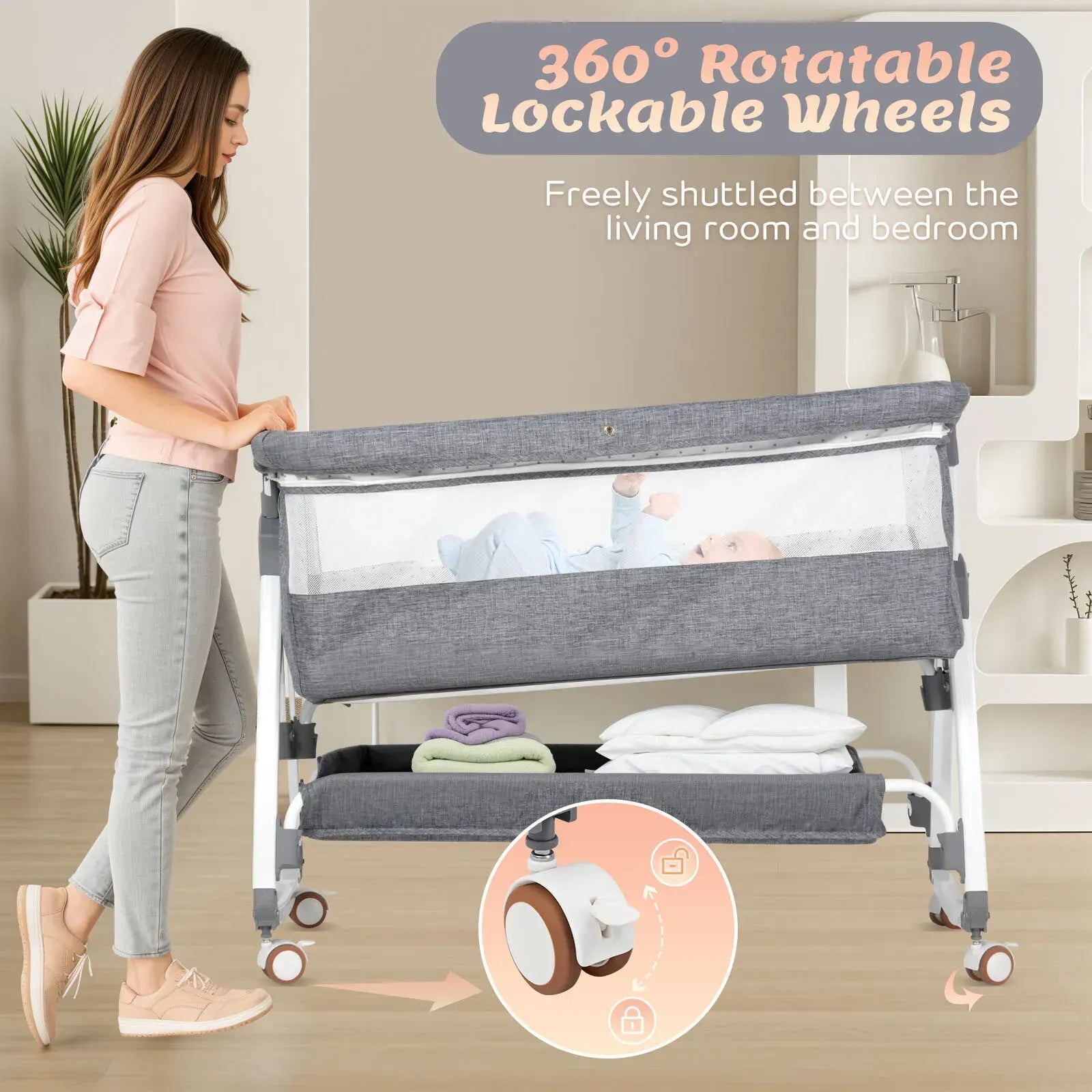 3-in-1 Adjustable Height Baby Bassinet Crib with Mosquito Net and Storage Basket in Grey - Image 8