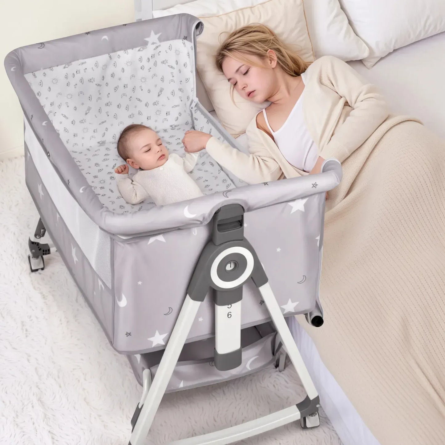 3-in-1 Grey Baby Bassinet Bedside Crib with Adjustable Height, Mosquito Net & Storage Basket