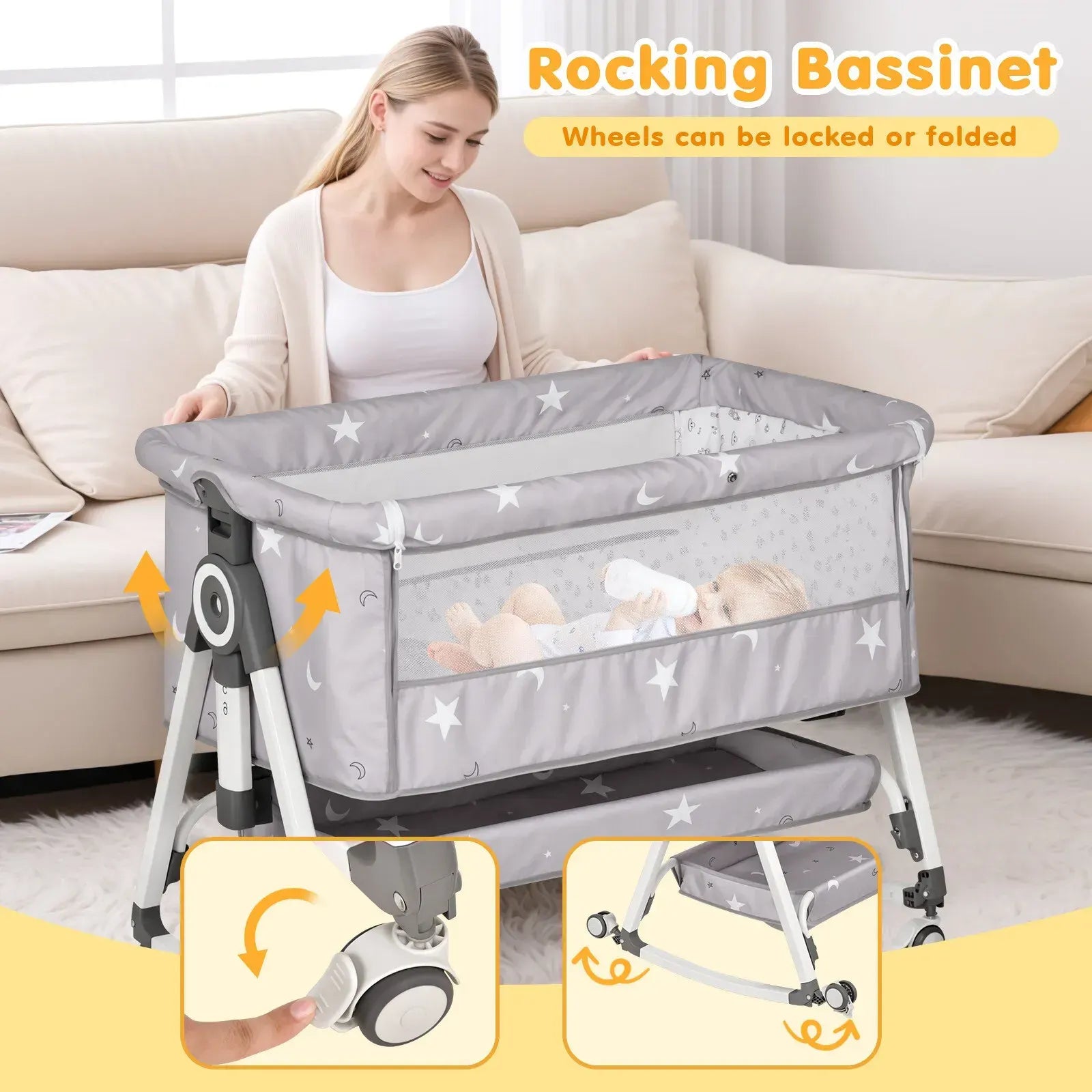 3-in-1 Grey Baby Bassinet Bedside Crib with Adjustable Height, Mosquito Net & Storage Basket - Image 2