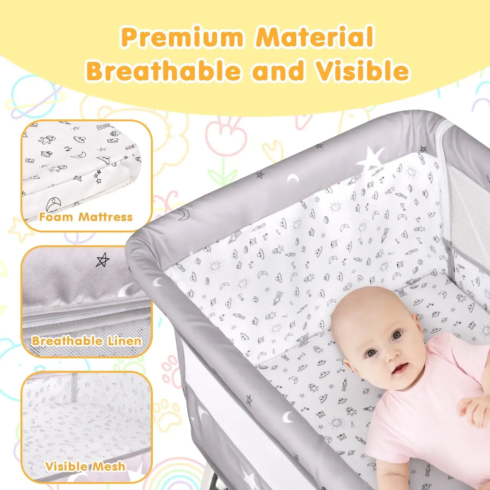 3-in-1 Grey Baby Bassinet Bedside Crib with Adjustable Height, Mosquito Net & Storage Basket - Image 3