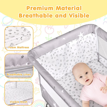 3-in-1 Grey Baby Bassinet Bedside Crib with Adjustable Height, Mosquito Net & Storage Basket - Image 3