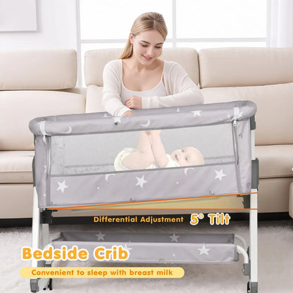 3-in-1 Grey Baby Bassinet Bedside Crib with Adjustable Height, Mosquito Net & Storage Basket - Image 4