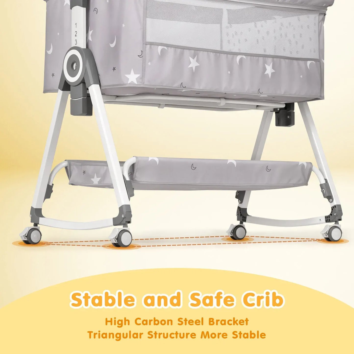 3-in-1 Grey Baby Bassinet Bedside Crib with Adjustable Height, Mosquito Net & Storage Basket - Image 5