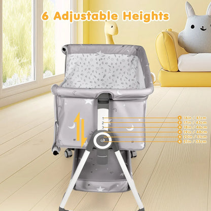 3-in-1 Grey Baby Bassinet Bedside Crib with Adjustable Height, Mosquito Net & Storage Basket - Image 6