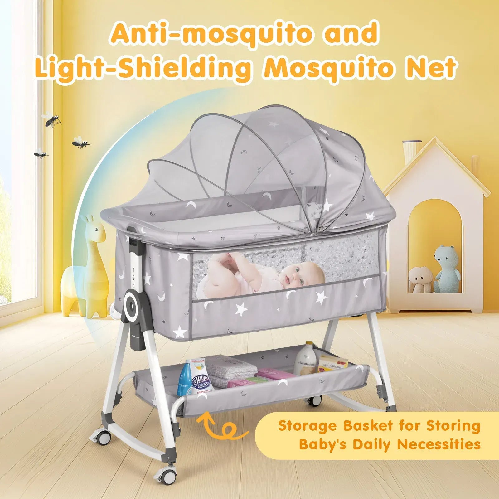 3-in-1 Grey Baby Bassinet Bedside Crib with Adjustable Height, Mosquito Net & Storage Basket - Image 7