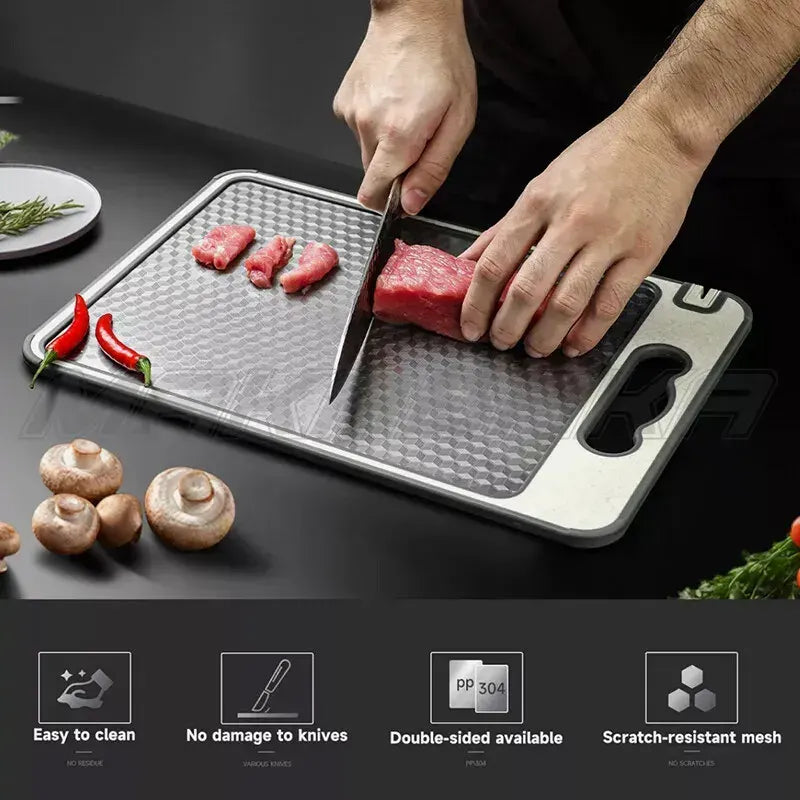 Titanium Double-Sided Cutting Board, 36.5x25cm, Silver, Stainless Steel for Kitchen and Camping - Image 3