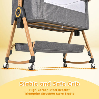 3 in 1 Grey Baby Bassinet Bedside Crib with Mattress, Adjustable Height and Storage Basket - Image 2