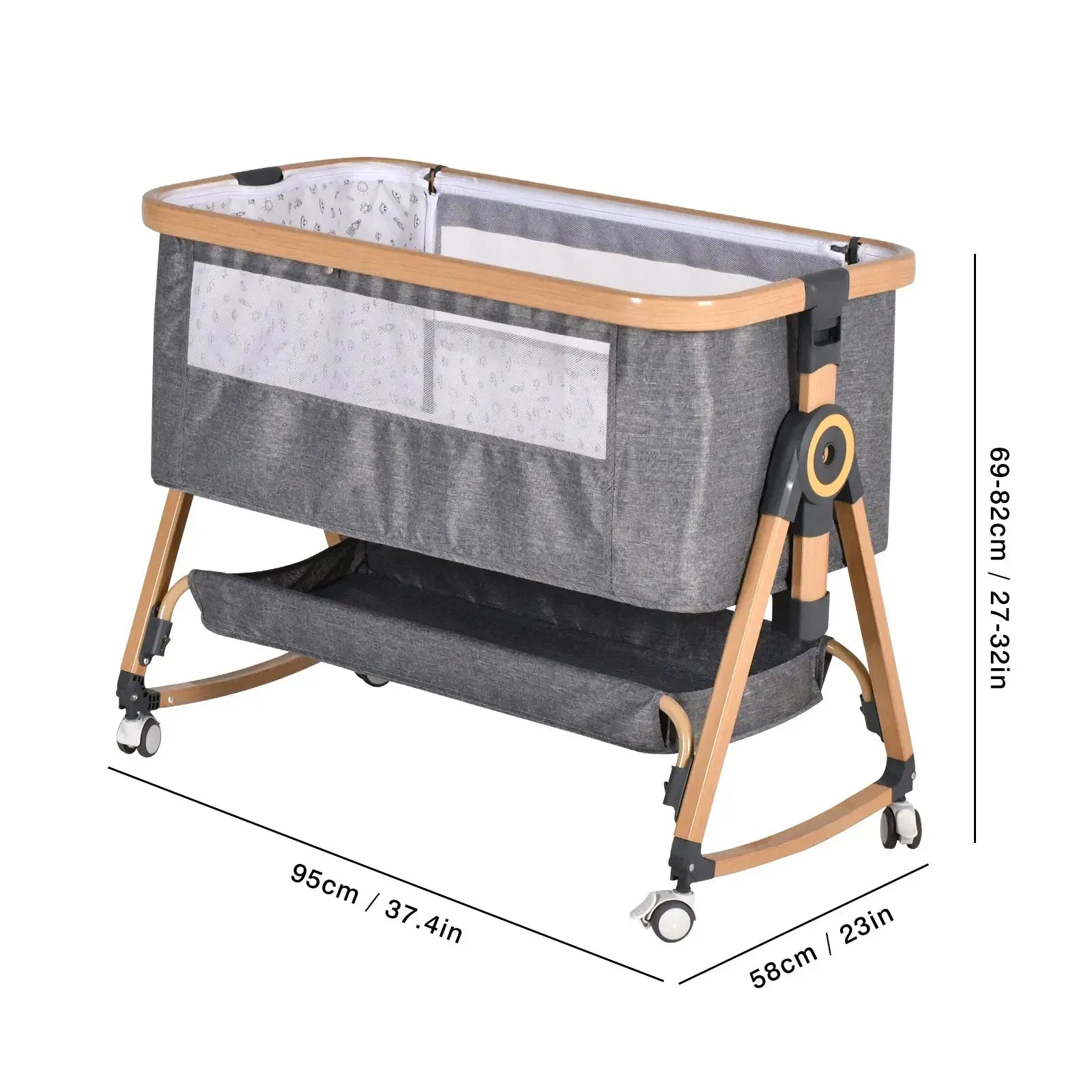 3 in 1 Grey Baby Bassinet Bedside Crib with Mattress, Adjustable Height and Storage Basket - Image 4