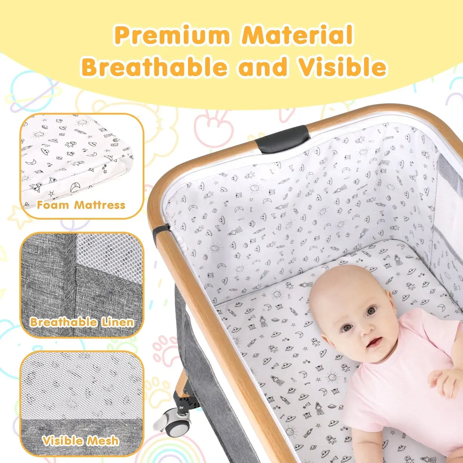 3 in 1 Grey Baby Bassinet Bedside Crib with Mattress, Adjustable Height and Storage Basket - Image 5