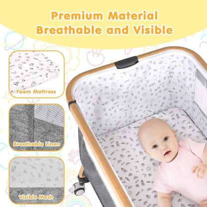 3 in 1 Grey Baby Bassinet Bedside Crib with Mattress, Adjustable Height and Storage Basket - Image 5