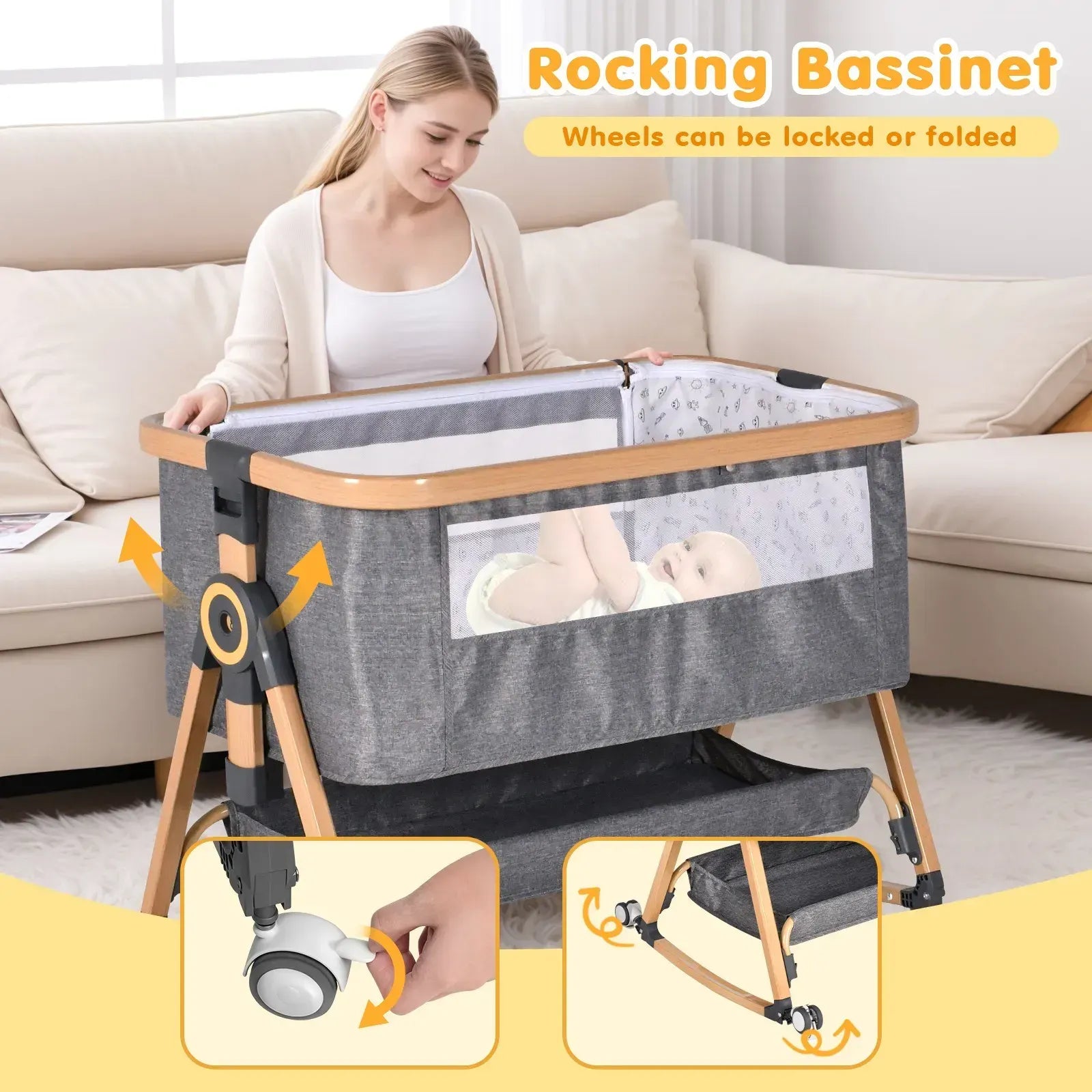3 in 1 Grey Baby Bassinet Bedside Crib with Mattress, Adjustable Height and Storage Basket - Image 6