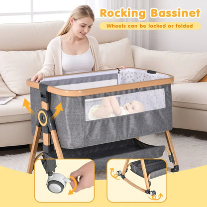3 in 1 Grey Baby Bassinet Bedside Crib with Mattress, Adjustable Height and Storage Basket - Image 6